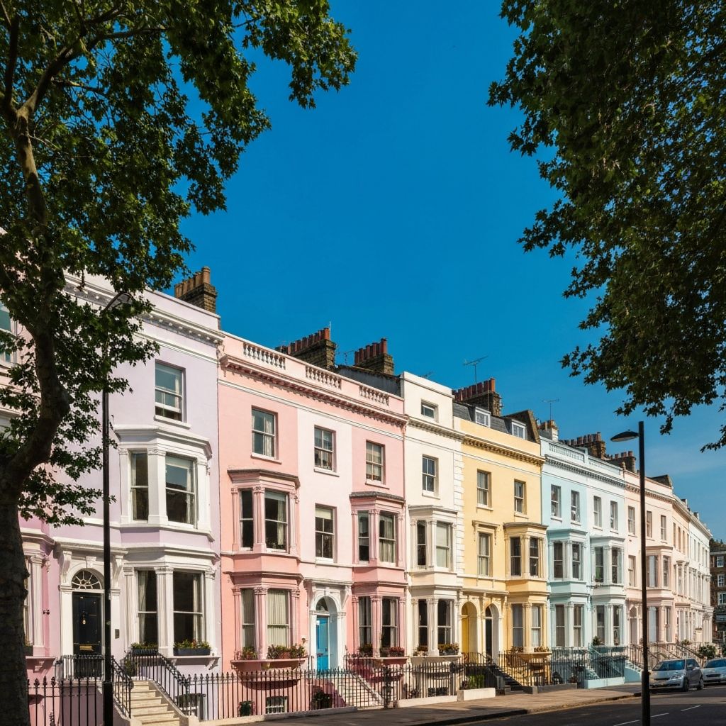 Iconic colourful pastel houses on a Notting Hill street in London